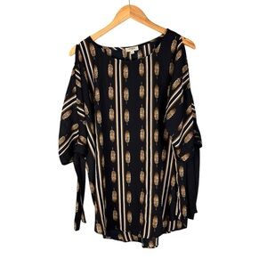 Umgee Women's Size M Black Brown Cold Shoulder Tie Sleeve Sheer Tunic Top